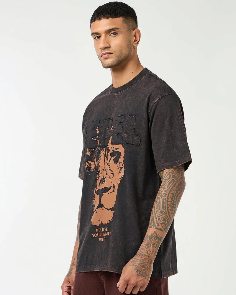bewakoof Men's Black Rebel Graphic Printed Oversized Acid Wash T-shirt